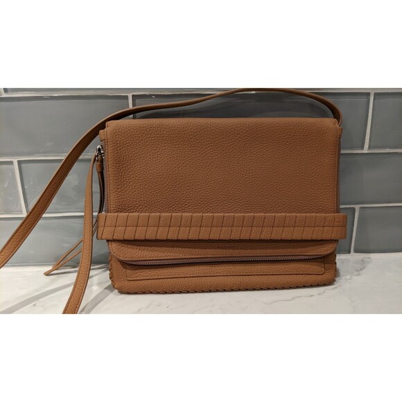 AllSaints Club Clutch Crossbody Tan Leather East West Foldover Flap Bag - Picture 9 of 16